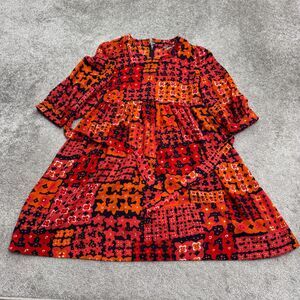 H&M Belted Babydoll Mini Dress Women Size 10 Red Orange Floral 3/4 Sleeve NWOT